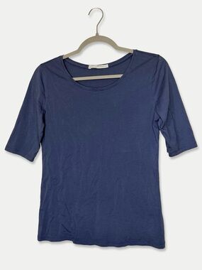 Peruvian Connection Pima Cotton Blue Scoop Neck Elbow Sleeve Top S